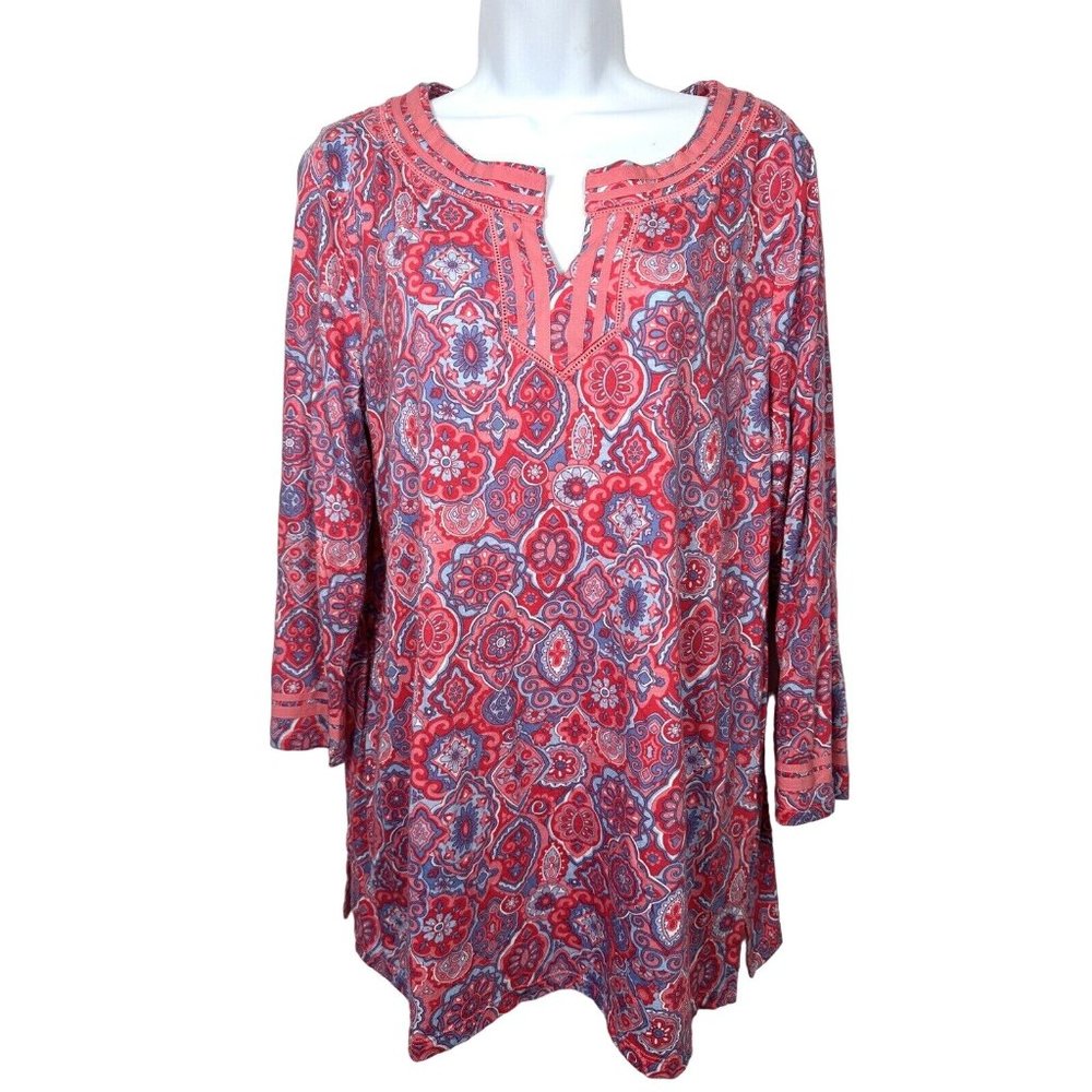 Talbots Large Womens Tunic Top Pink Colorful 3/4 Sleeve Cotton Modal Split VNeck